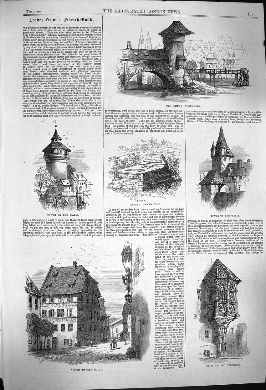 Original Old Antique Print 1864 Nuremberg Albert Durer Tomb Tower Wallis Bridge