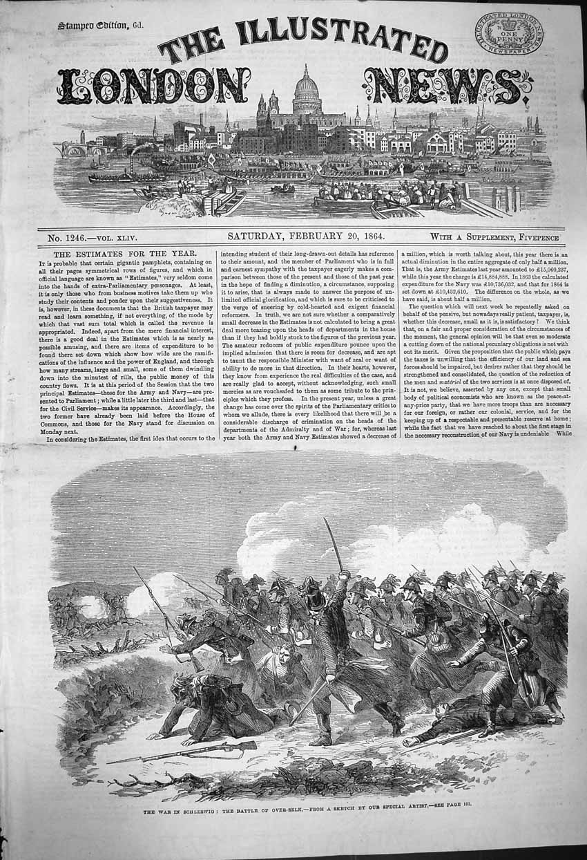 Original Old Antique Print 1864 War Schleswig Battle Over-Selk Siers Weapons