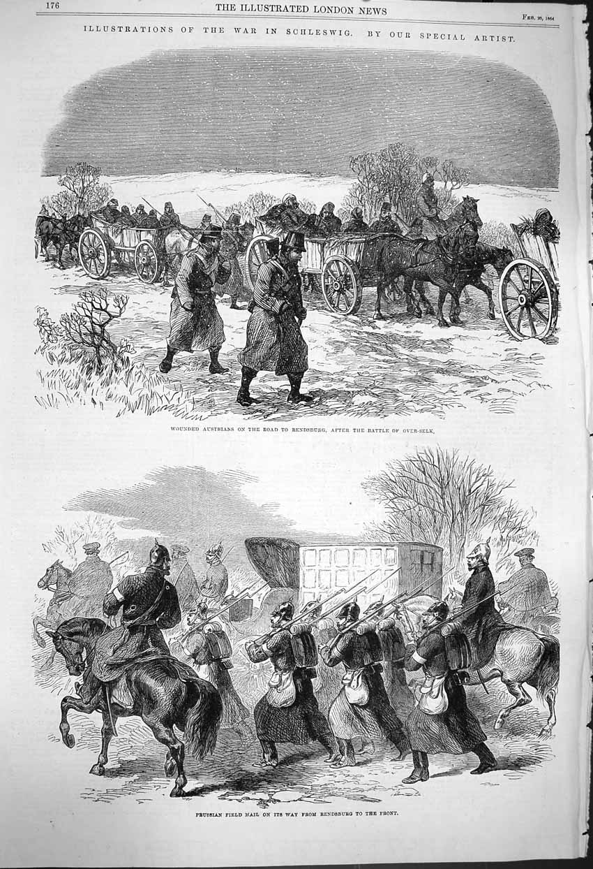 Original Old Antique Print 1864 War Schleswig Rendsburg Prussian Mail Over-Selk