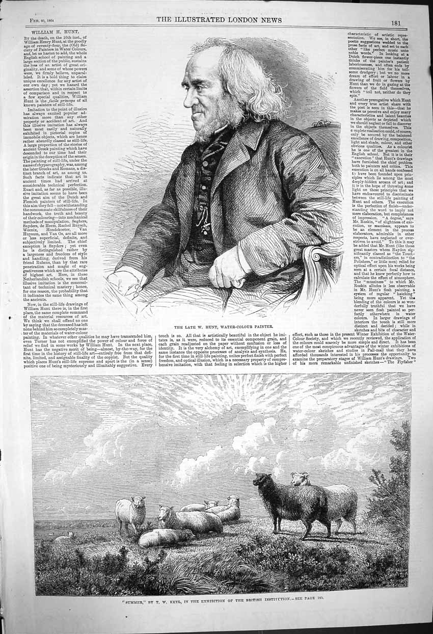 Original Old Antique Print 1864 Hunt Water Colour Painter Summer Scene Sheep
