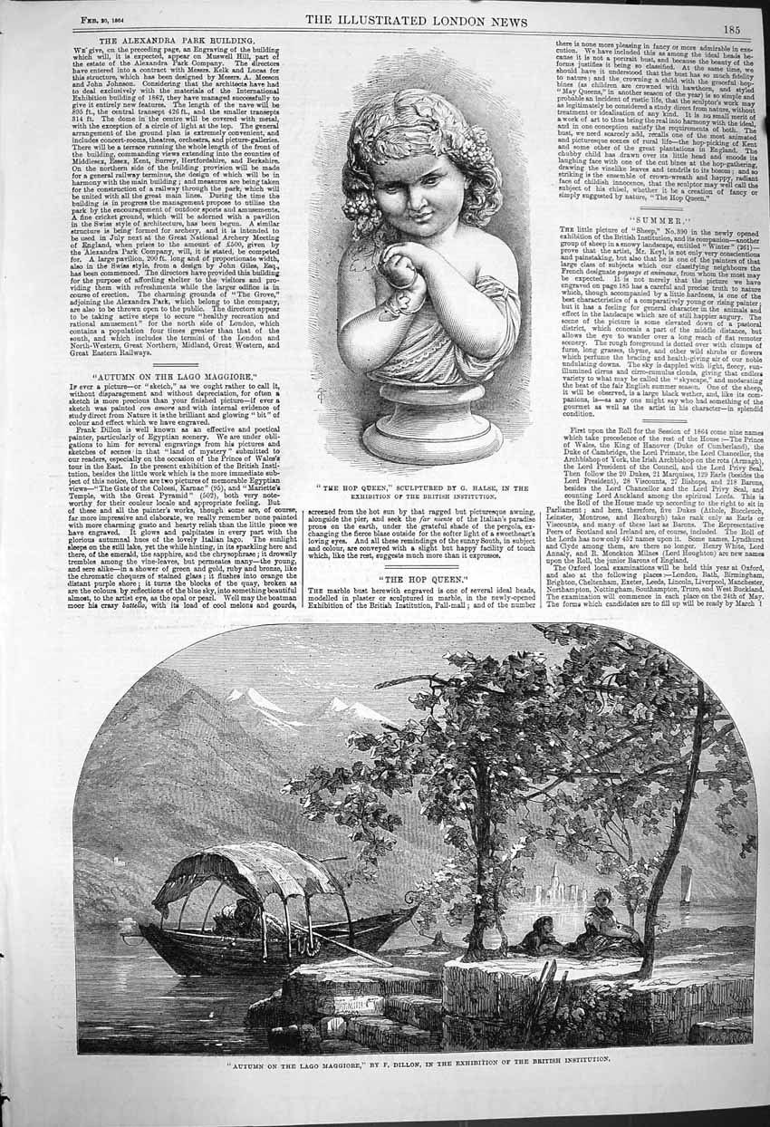 Original Old Antique Print 1864 Hop Queen Sculpture Autumn Lago Maggiore Boat