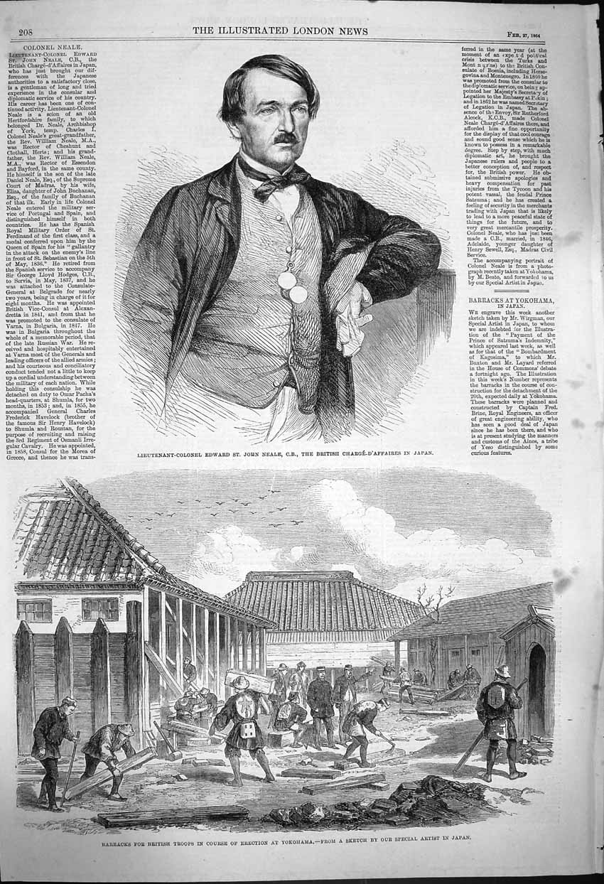 Old Antique Print 1864 Edward John Neale Barracks British Army Yokohama 19th