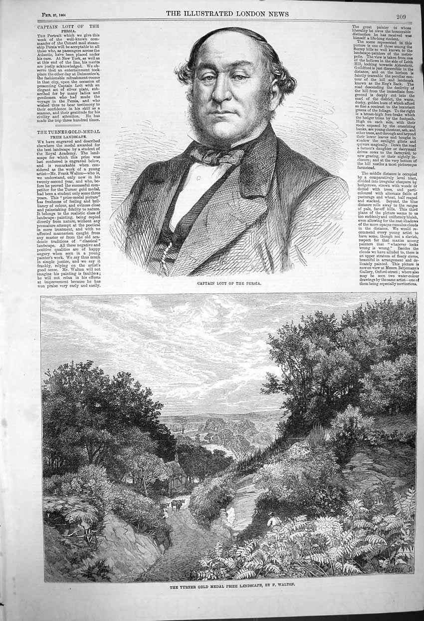 Original Old Antique Print 1864 Captain Lott Persia Turner GMedal Landscape