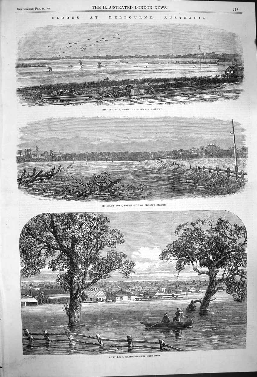 Original Old Antique Print 1864 Floods Australia Emerald Hill Railway R 19th