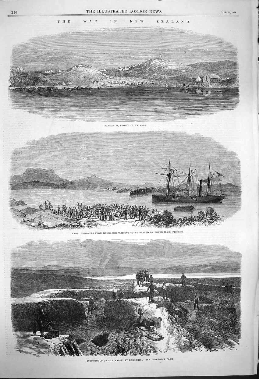 Original Old Antique Print 1864 War New Zealand Rangariri Pioneer Shi Victorian
