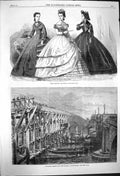 Original Old Antique Print 1864 Paris Fashion Bridge River Thames Blackfriars