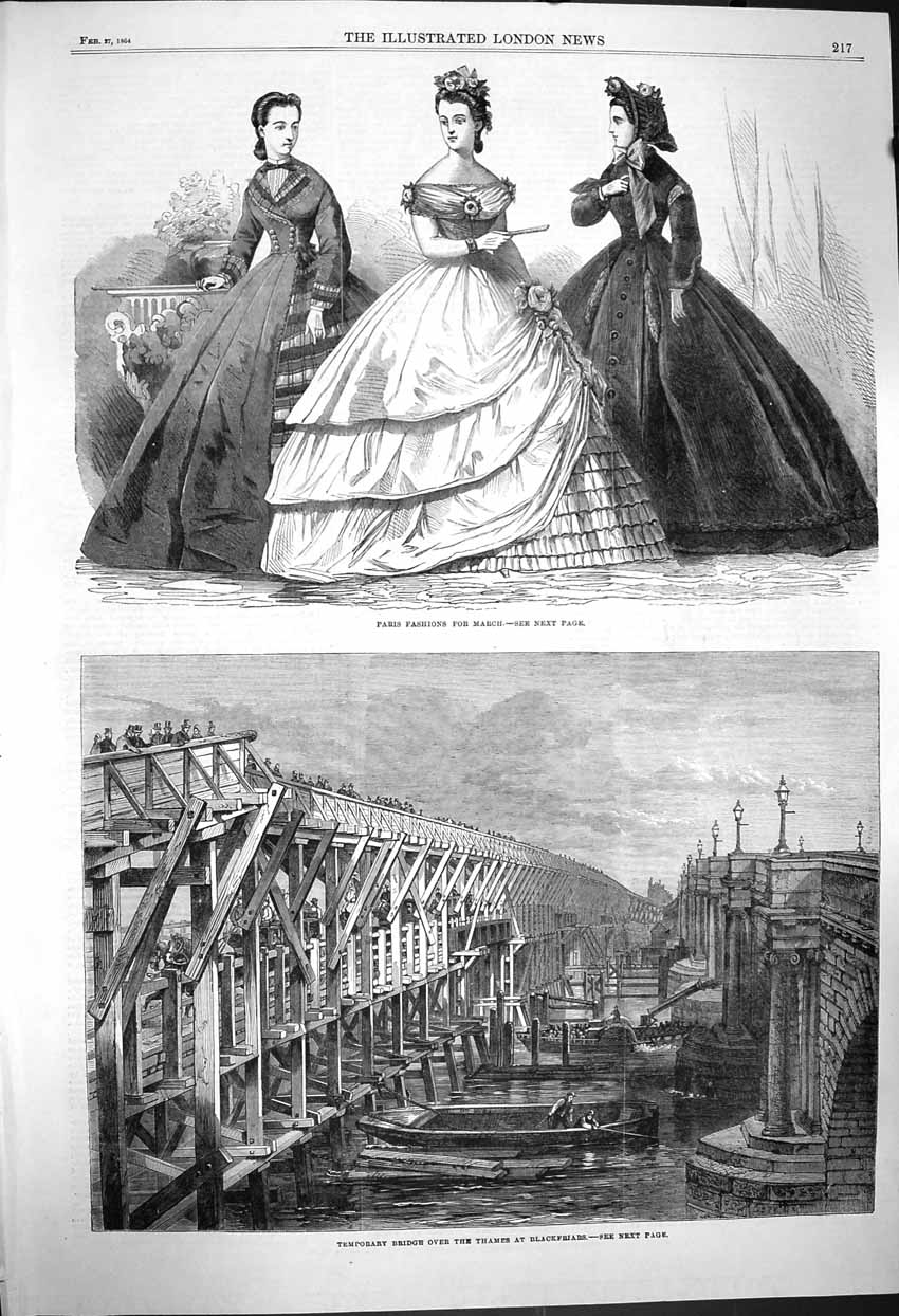 Original Old Antique Print 1864 Paris Fashion Bridge River Thames Blackfriars