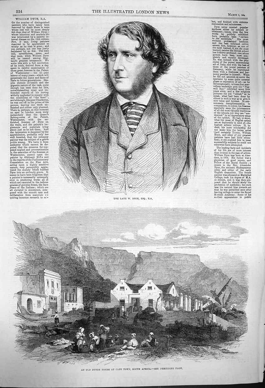 Original Old Antique Print 1864 William Dyce Dutch House Cape Town South Africa
