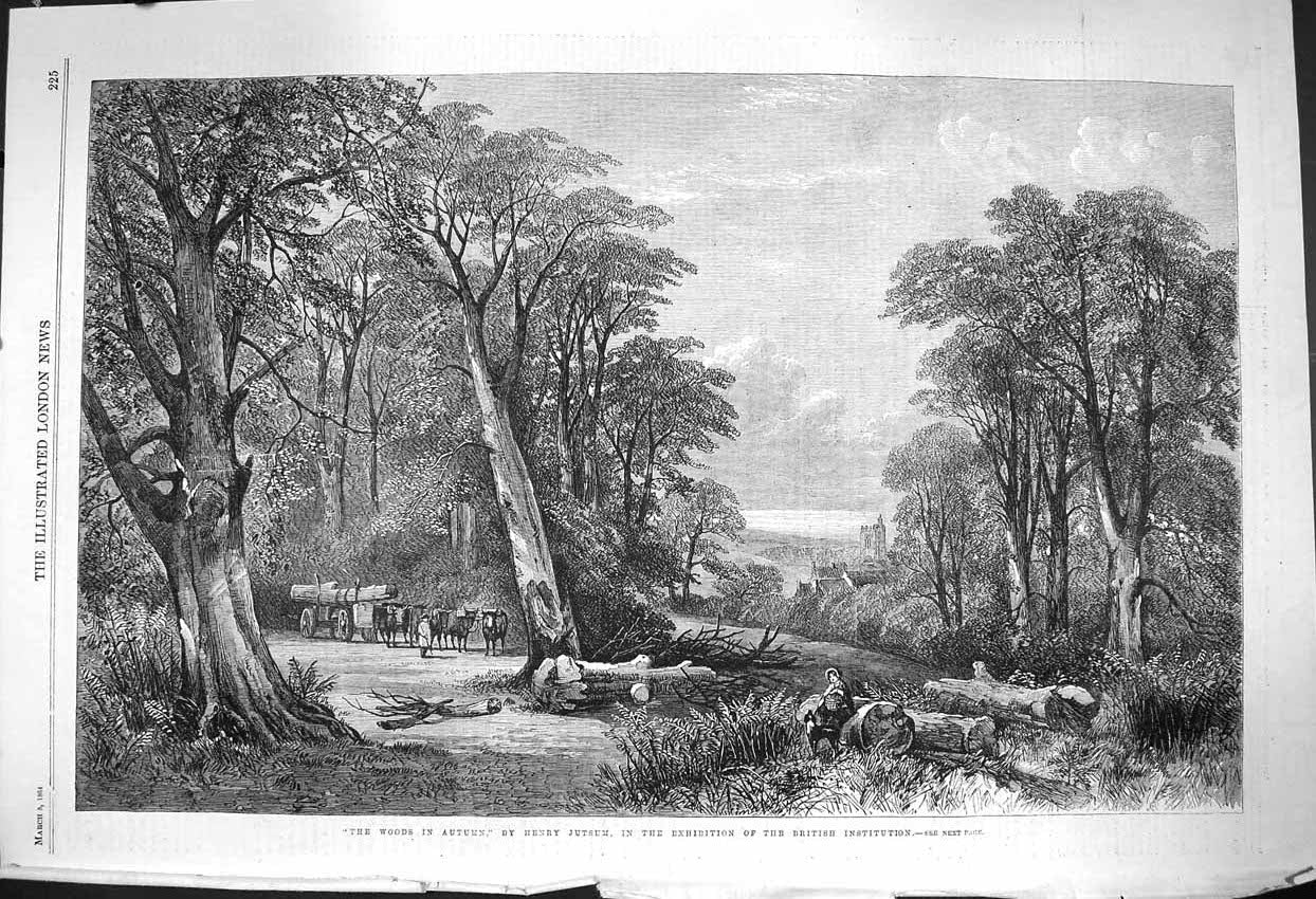 Original Old Antique Print 1864 Henry Jutsum Fine Art Woods Autumn Trees Cattle