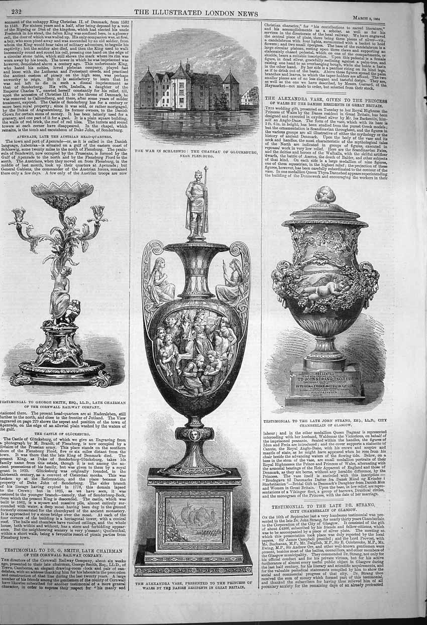 Old Antique Print 1864 War Schleswig Chateau Glucksburg Vase Smith Strang 19th