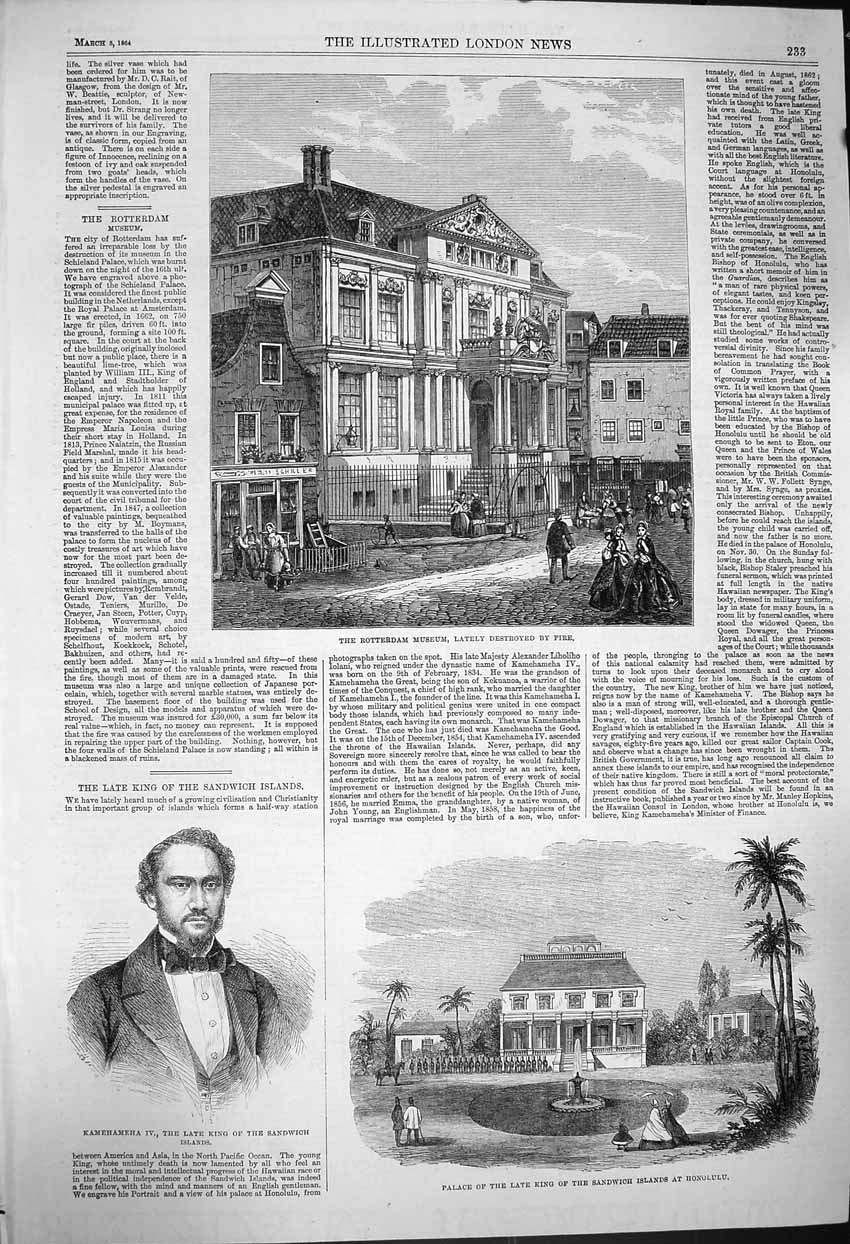 Original Old Antique Print 1864 Rotterdam Museum Fire Kamehameha King Sandwich