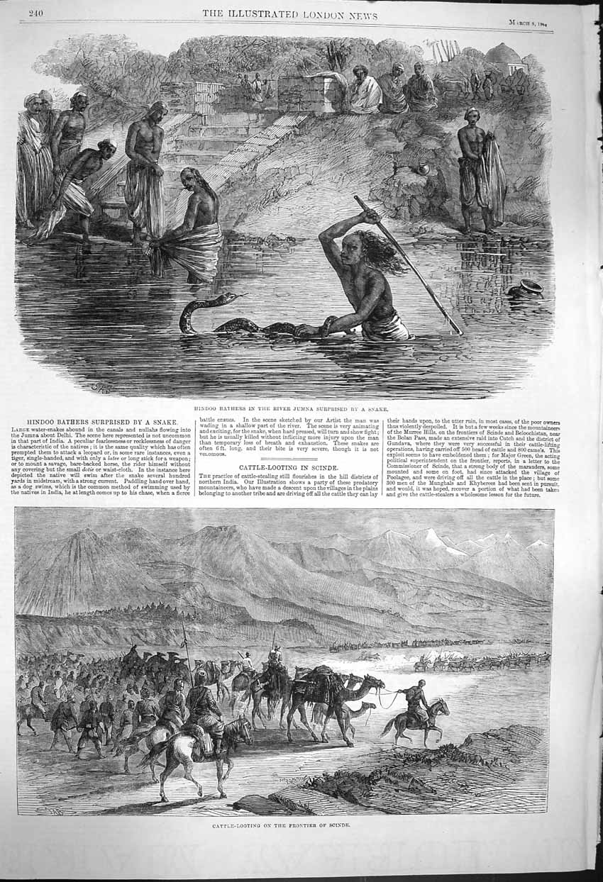 Antique Old Print *3915 1864 Hindoo Bathers River Jumna Snake Cattle Scinde