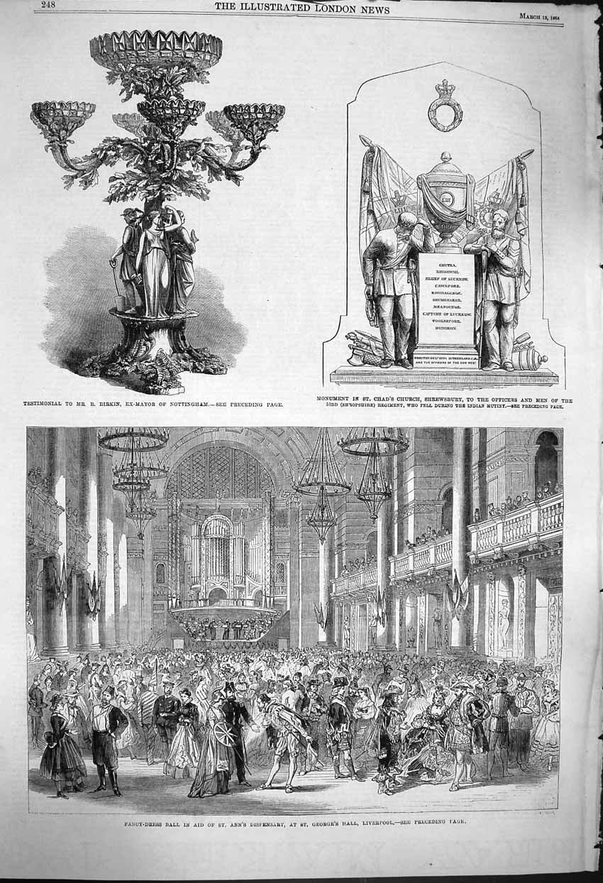 Original Old Antique Print 1864 Fancy-Dress Ball Liverpool Birkin Chad Church