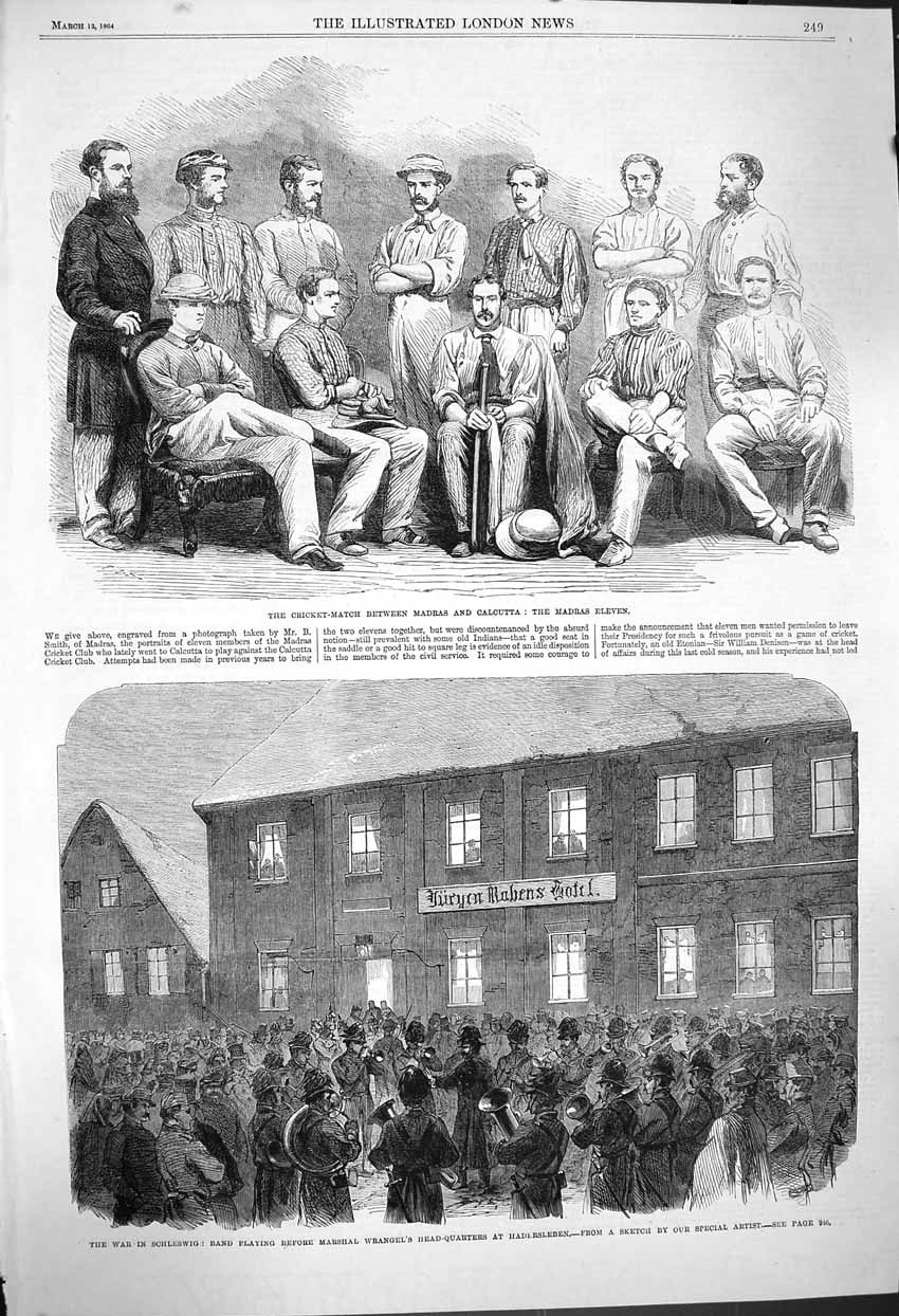 Antique Old Print *3916 1864 Cricket Madras Calcutta War Schleswig Wrangel