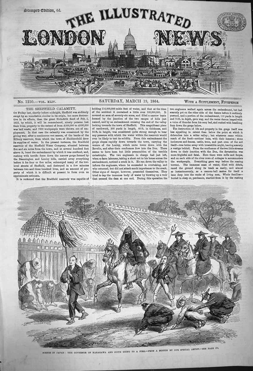 Original Old Antique Print 1864 Japan Governor Kanagawa Horses Fire Victorian