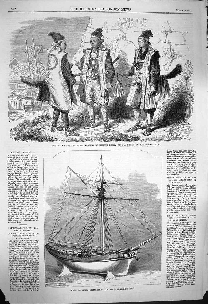 Original Old Antique Print 1864 Japan Warriors Fighting Dress Model Yacht Queen
