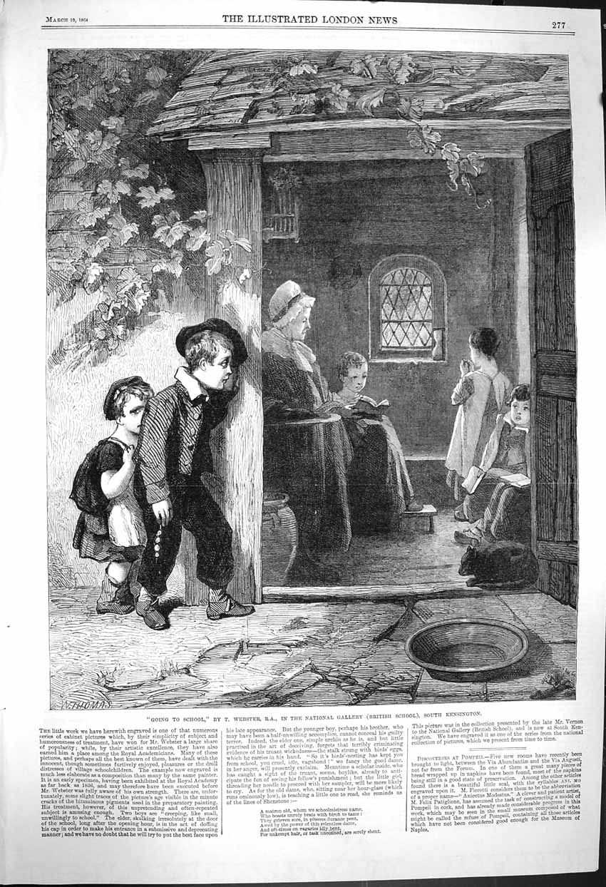 Original Old Antique Print 1864 Children Going To School Teacher Art Kensington