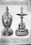 Original Old Antique Print 1864 Wedding Presents Queen Wales Silver Vase Tazza