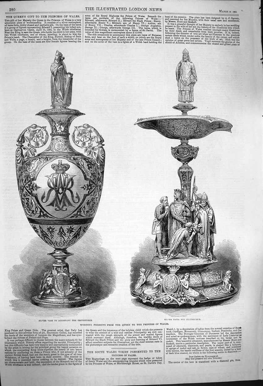 Original Old Antique Print 1864 Wedding Presents Queen Wales Silver Vase Tazza
