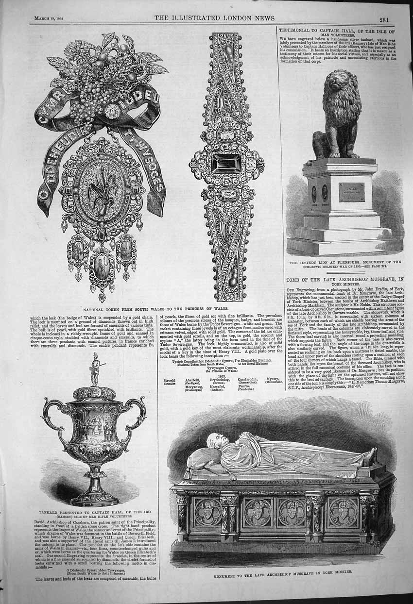 Old Antique Print 1864 Monument Archbishop Musgrave Minster Hall Idstedt 19th