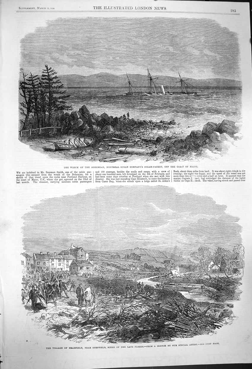 Old Antique Print 1864 Ship Wreck Bohemian Montreal Maine Bradfield Flood 19th