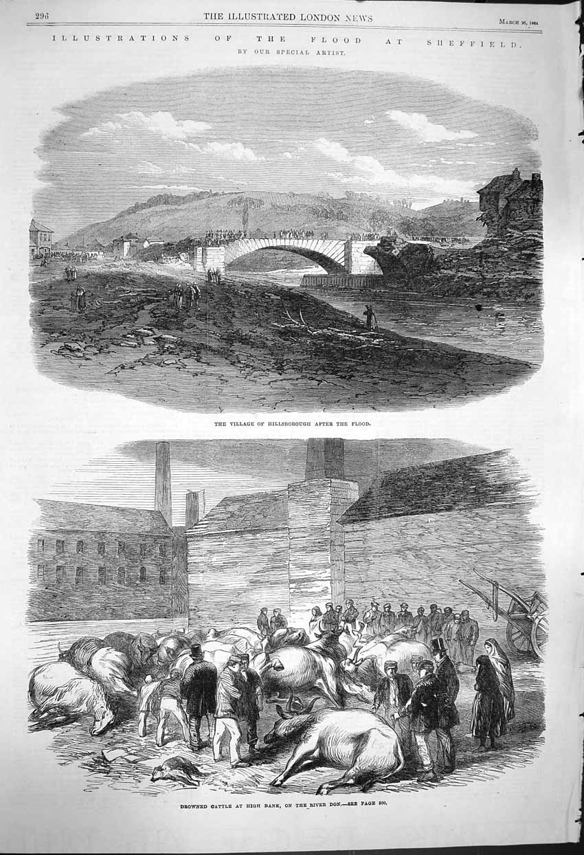 Old Antique Print 1864 Flood Sheffield Hillsborough Malin Matlock Loxley 19th