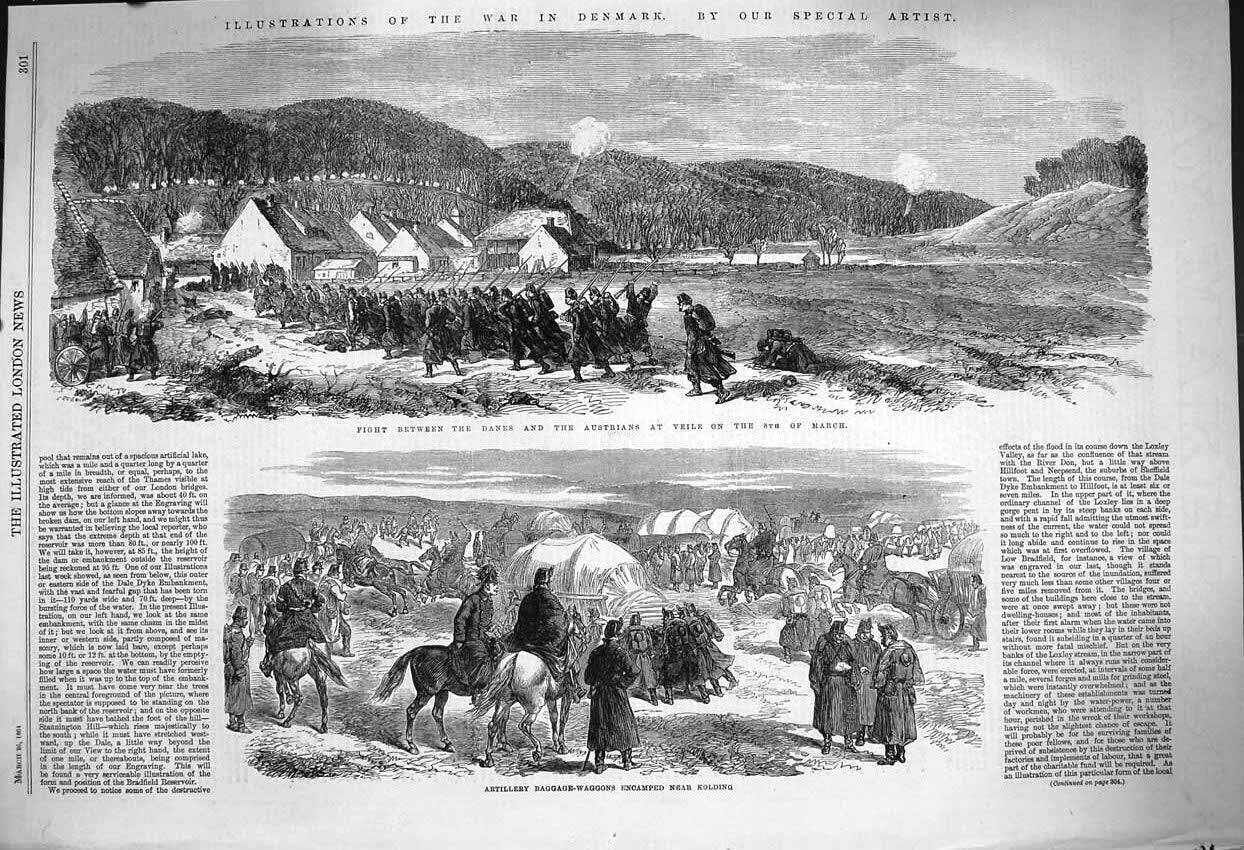 Original Old Antique Print 1864 War Denmark Artillery Baggage Waggons King 19th