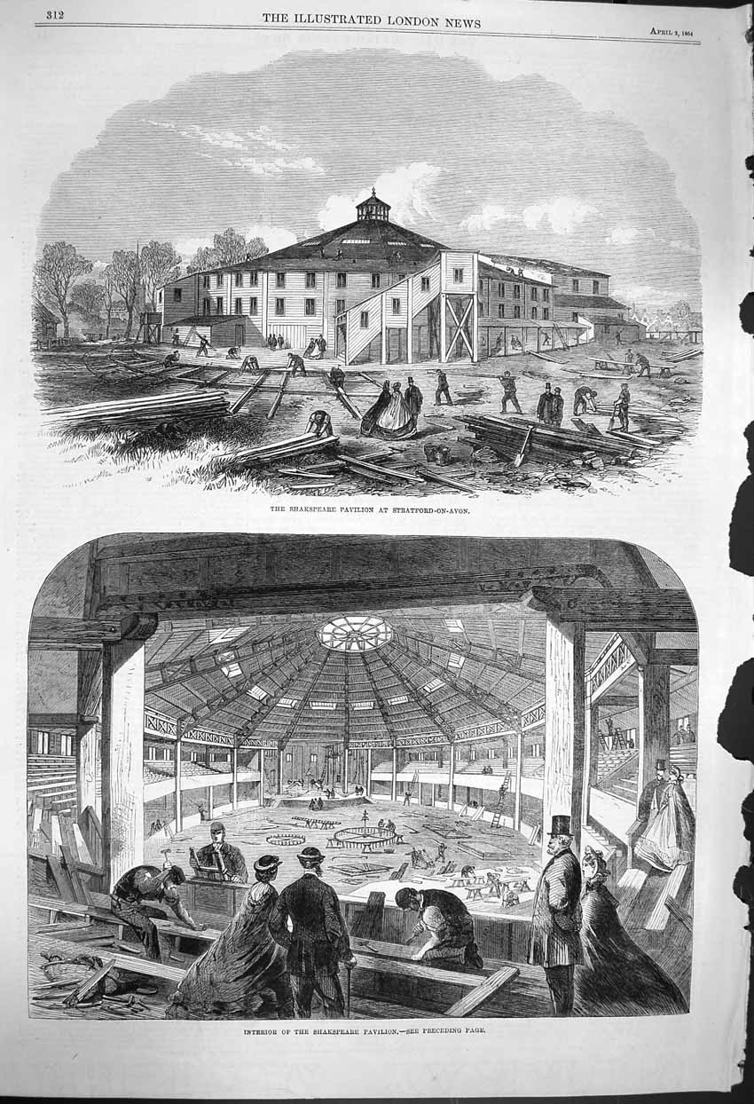 Original Old Antique Print 1864 Interior Shakspeare Pavilion Stratford-On-Avon