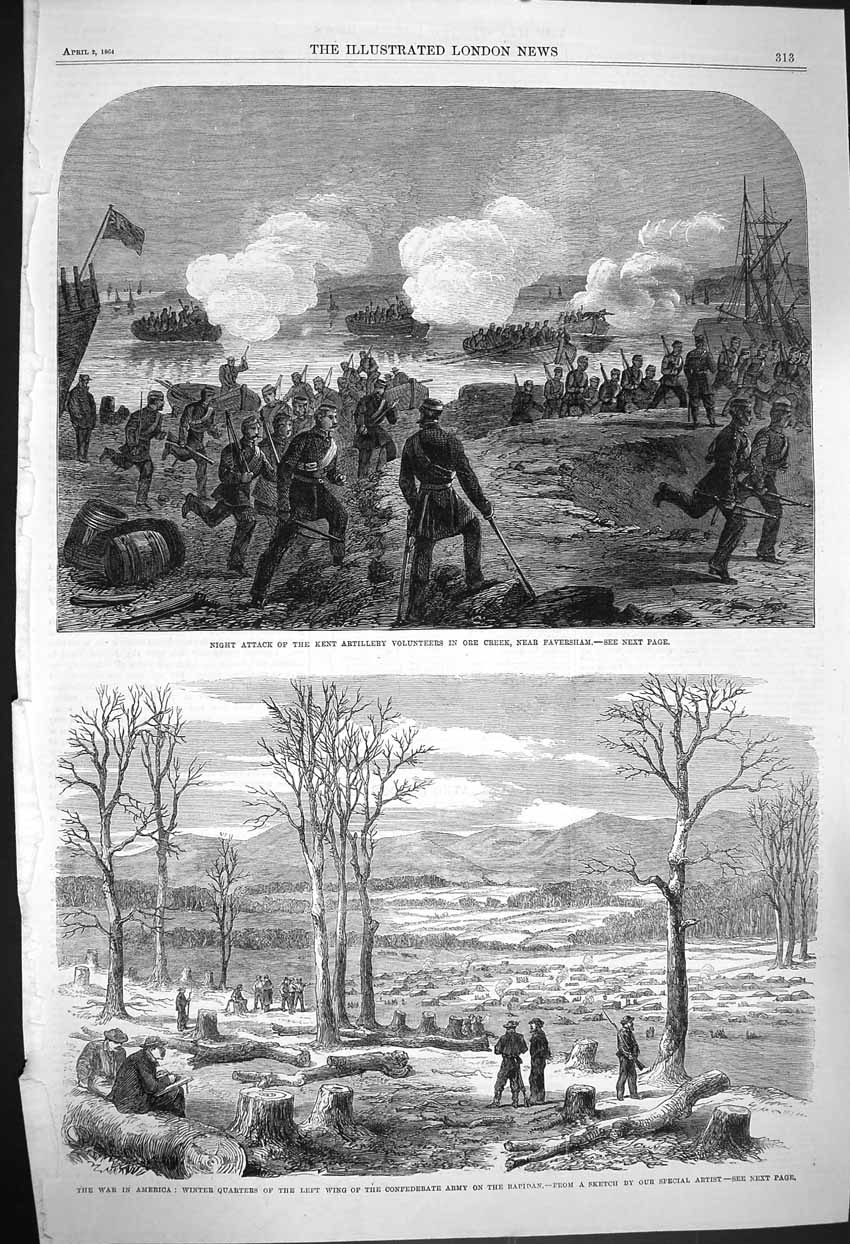 Original Old Antique Print 1864 Attack Kent Artillery Facersham Siers America