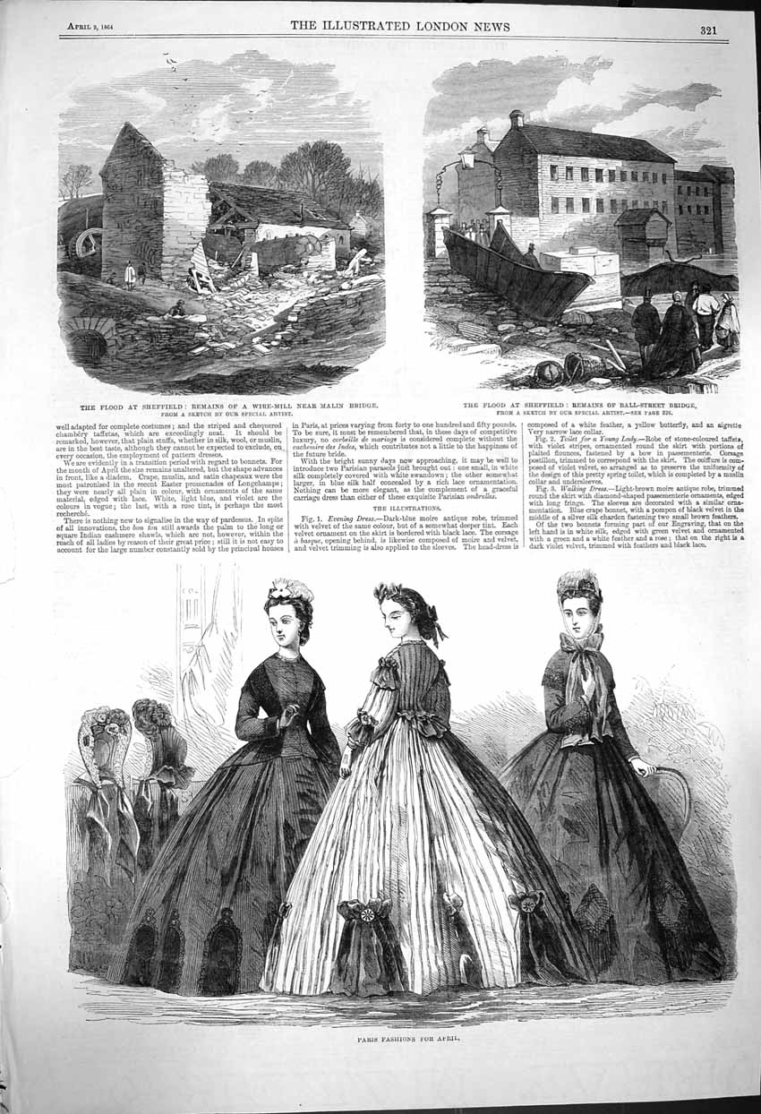 Original Old Antique Print 1864 Flood Sheffield Malin Wire-Mill Paris Fashion