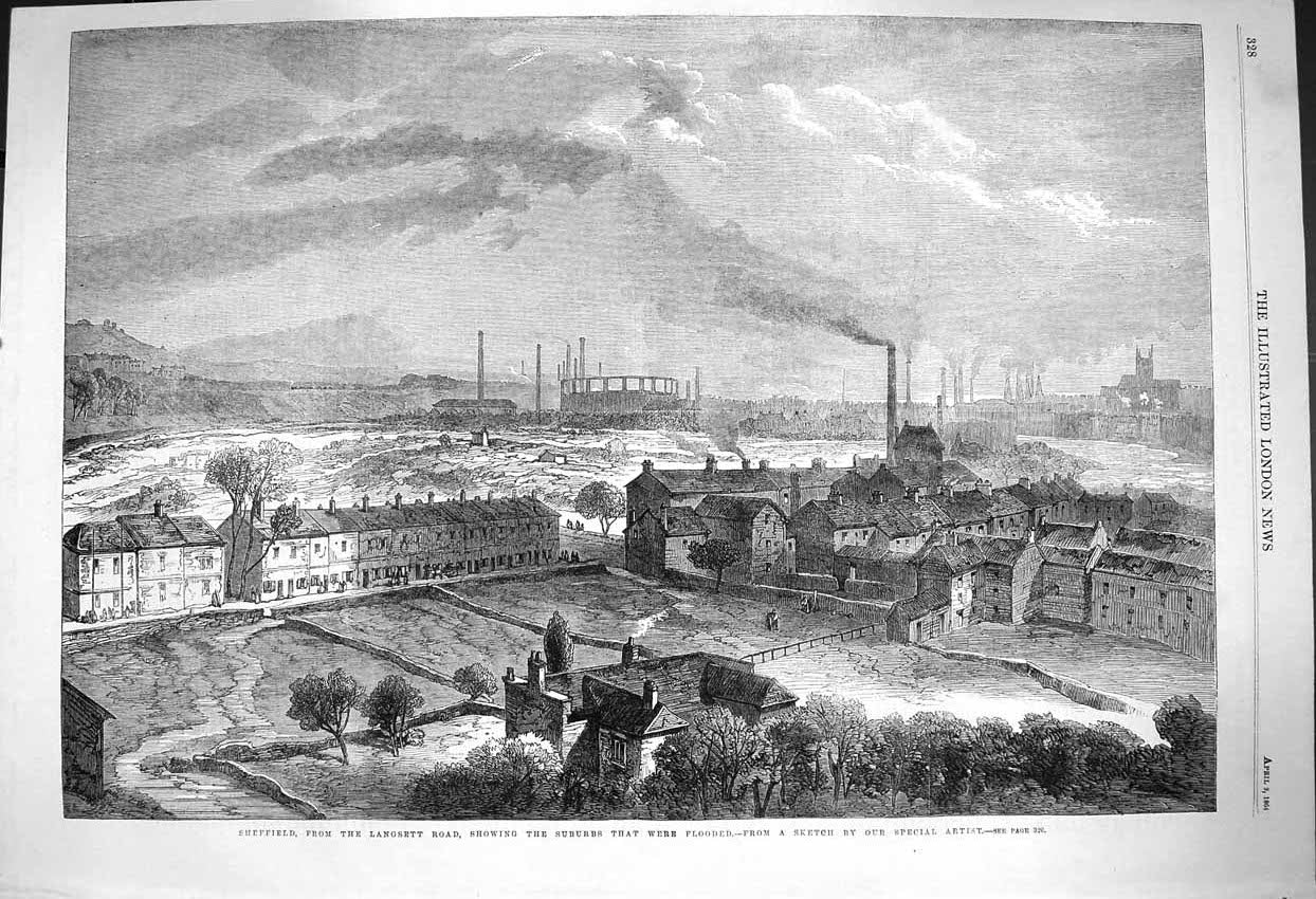 Original Old Antique Print 1864 Sheffield Langsett Road Suburbs Flooding River