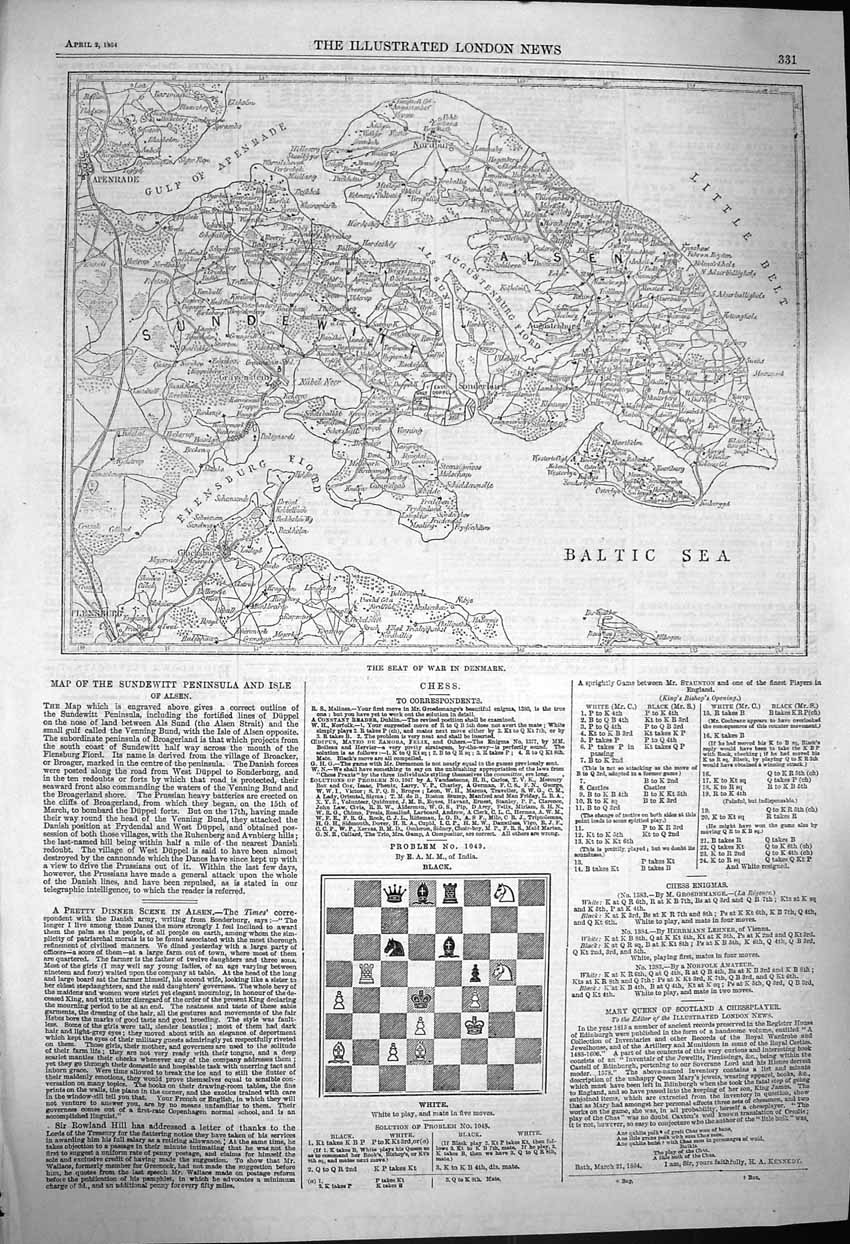 Old Antique Print 1864 Seat War Denmark Baltic Sea Alsen Apenrade Fiord 19th