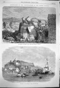Original Old Antique Print 1864 Escarp Keep Vido Fort Neuf Harbour Corfu Ships