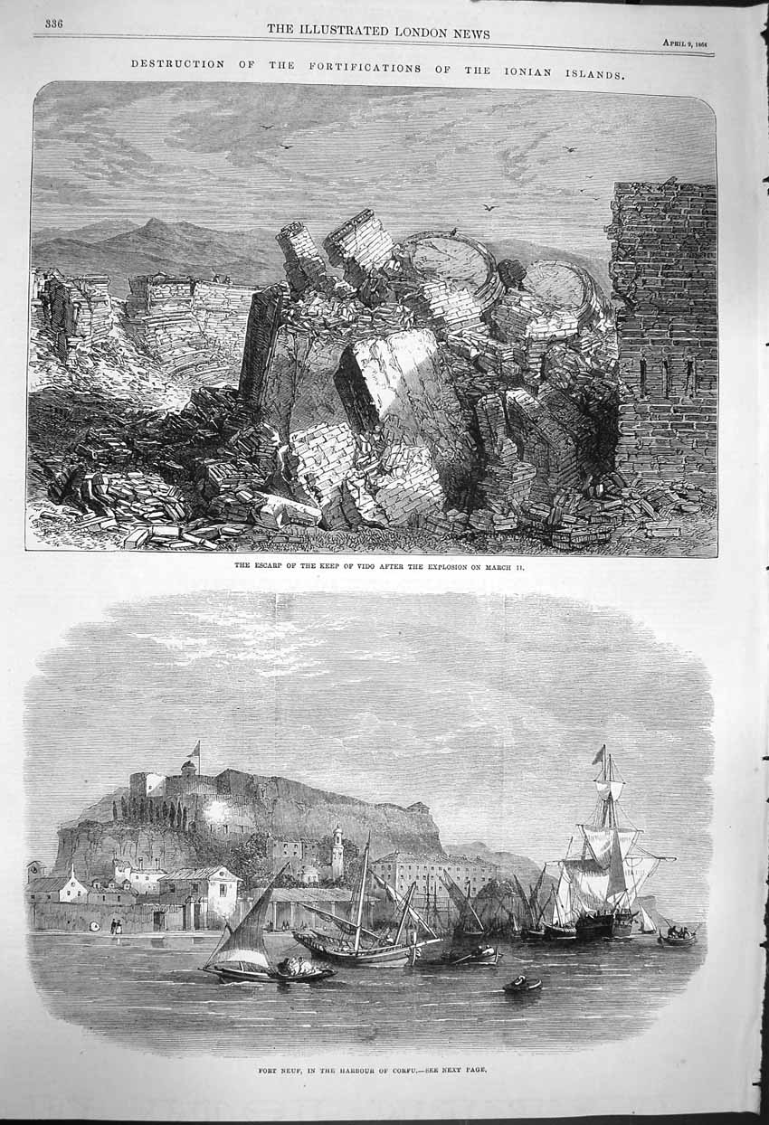 Original Old Antique Print 1864 Escarp Keep Vido Fort Neuf Harbour Corfu Ships