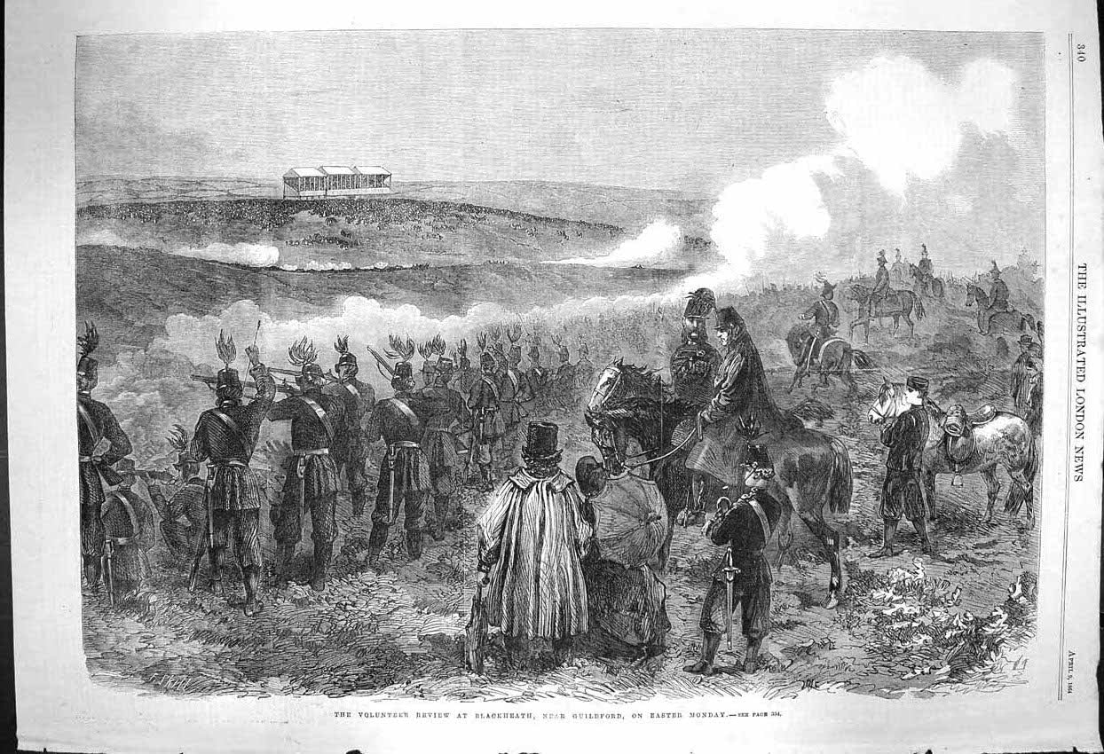 Original Old Antique Print 1864 Volunteer Review Blackheath Guildfor Victorian