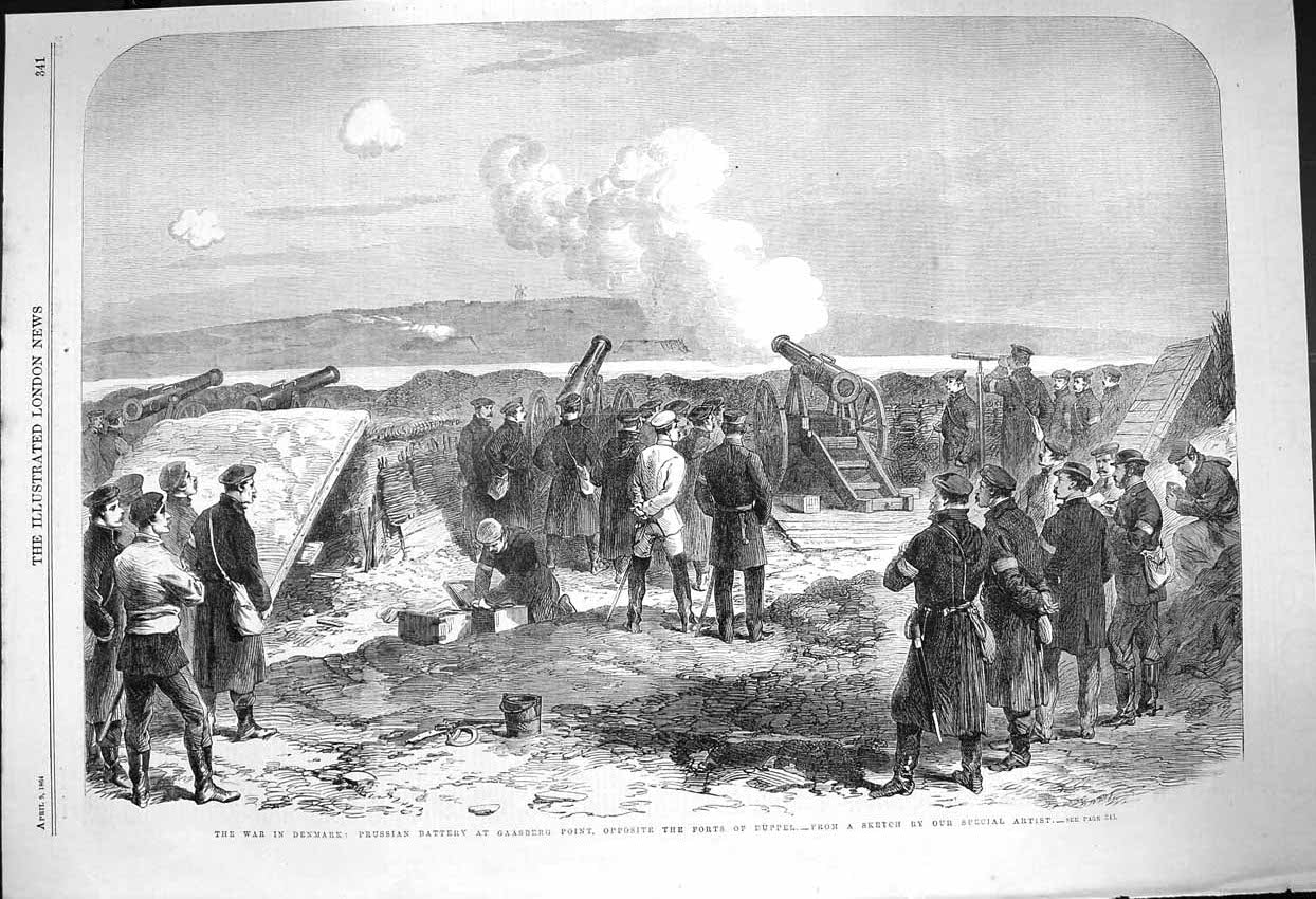 Old Antique Print 1864 War Denmark Prussian Battery Gaasberg Duppel Forts 19th