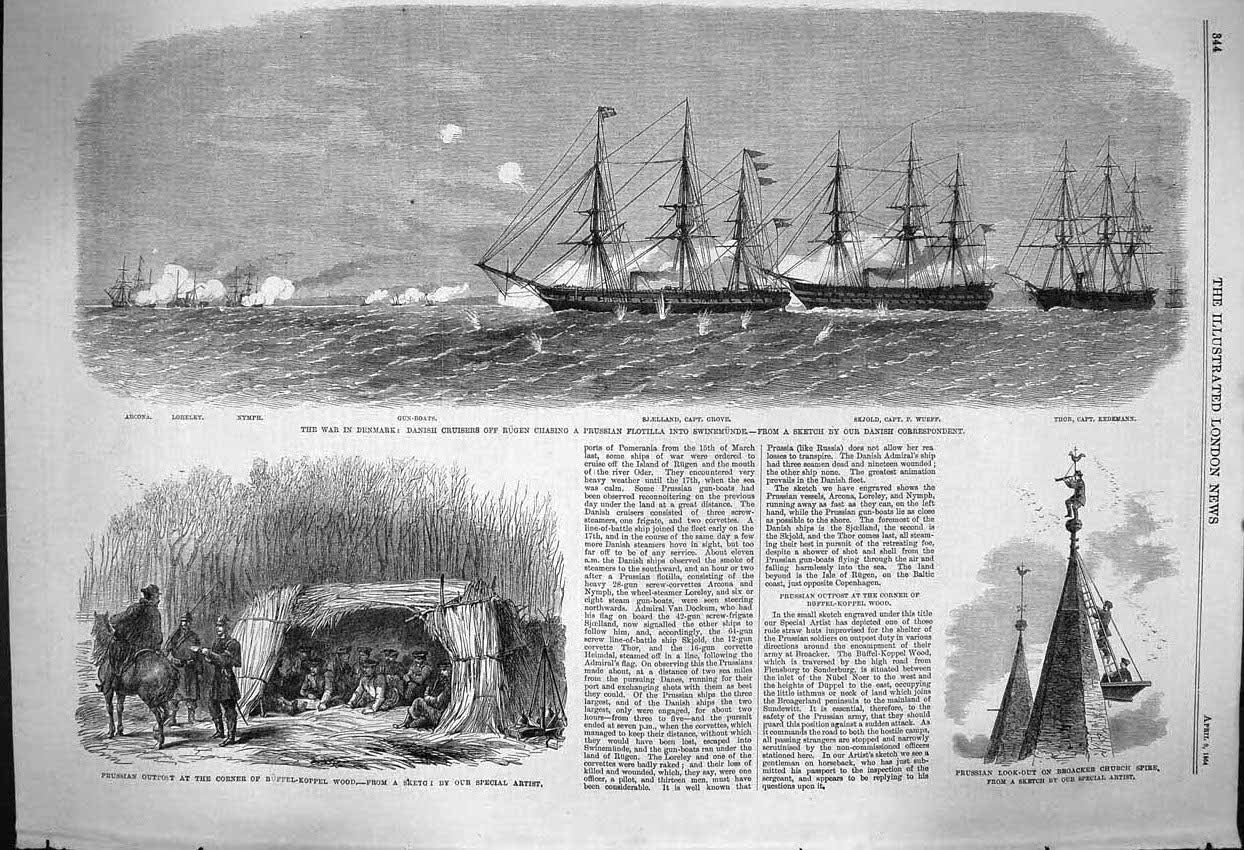 Old Antique Print 1864 War Denmark Ships Grove Wueff Buffel-Koppel Church 19th