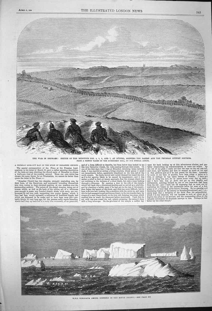 Old Antique Print 1864 War Denmark Duppel Ship Himalaya Icebergs Pacific 19th