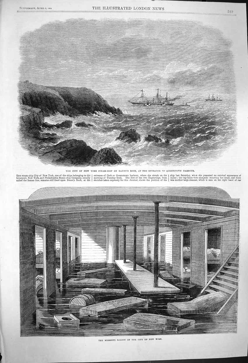 Old Antique Print 1864 City New York Steam Ship Daunt'S Rock Queenstown 19th