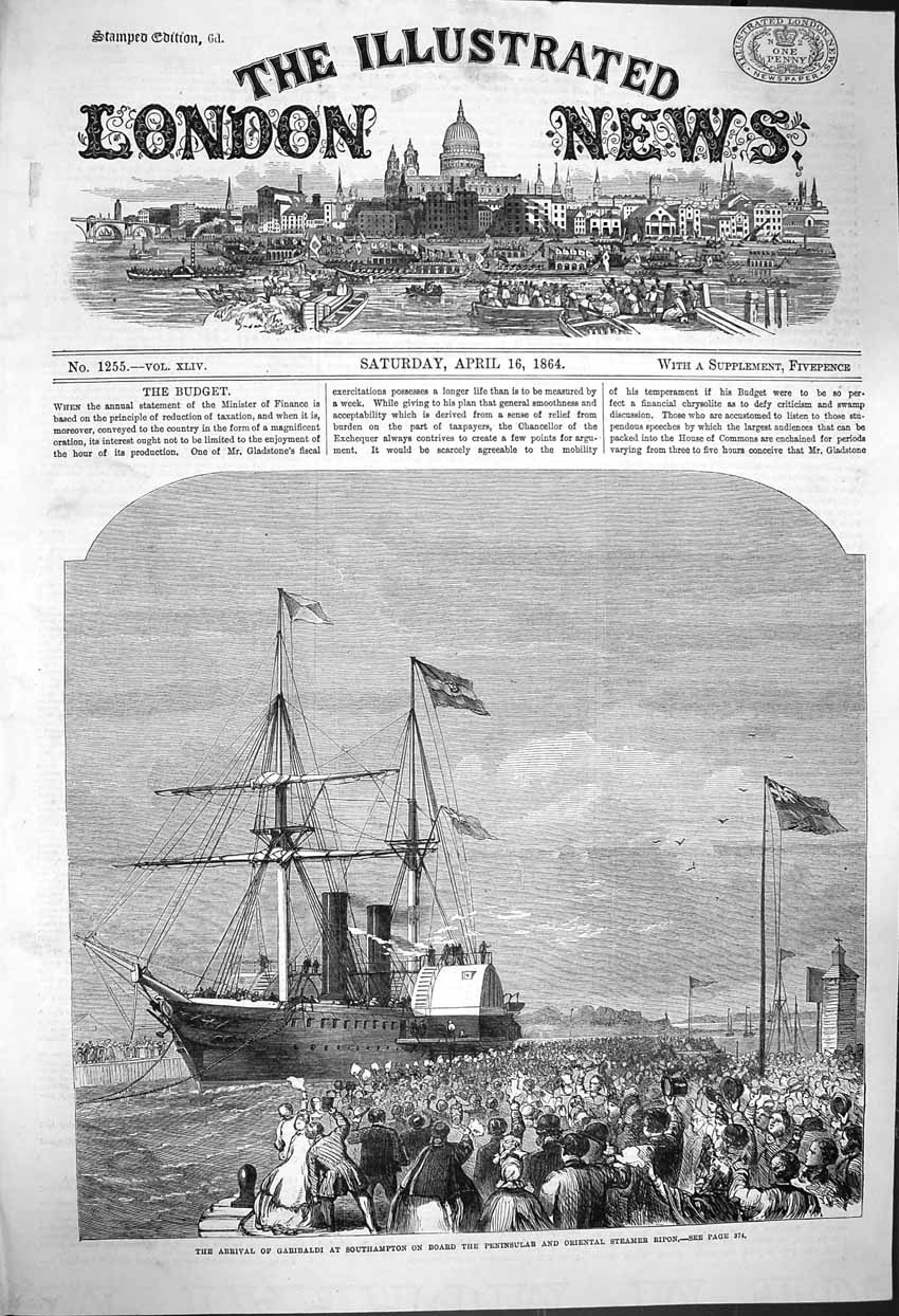 Original Old Antique Print 1864 Garibaldi Southampton Ship Steame 19th