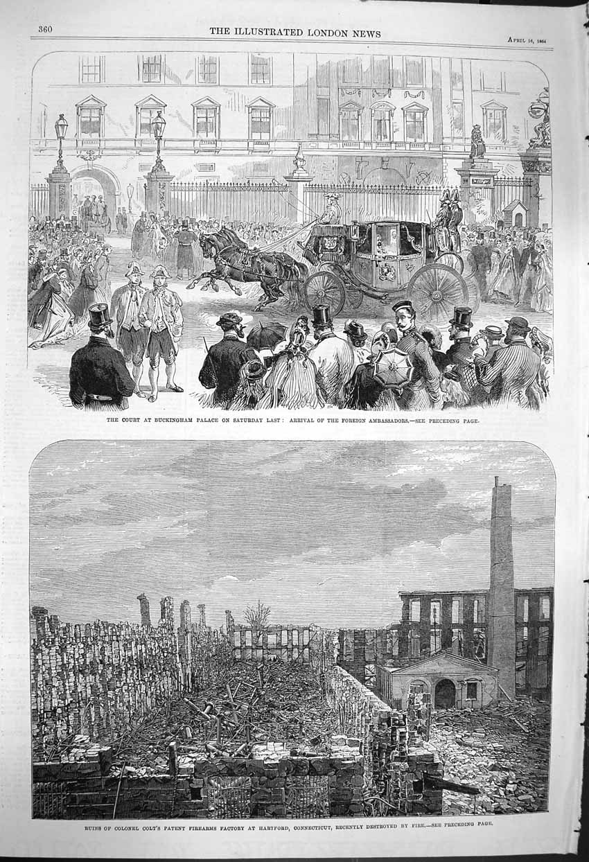 Original Old Antique Print 1864 Buckingham Palace Colonel Colt Firearms Factory
