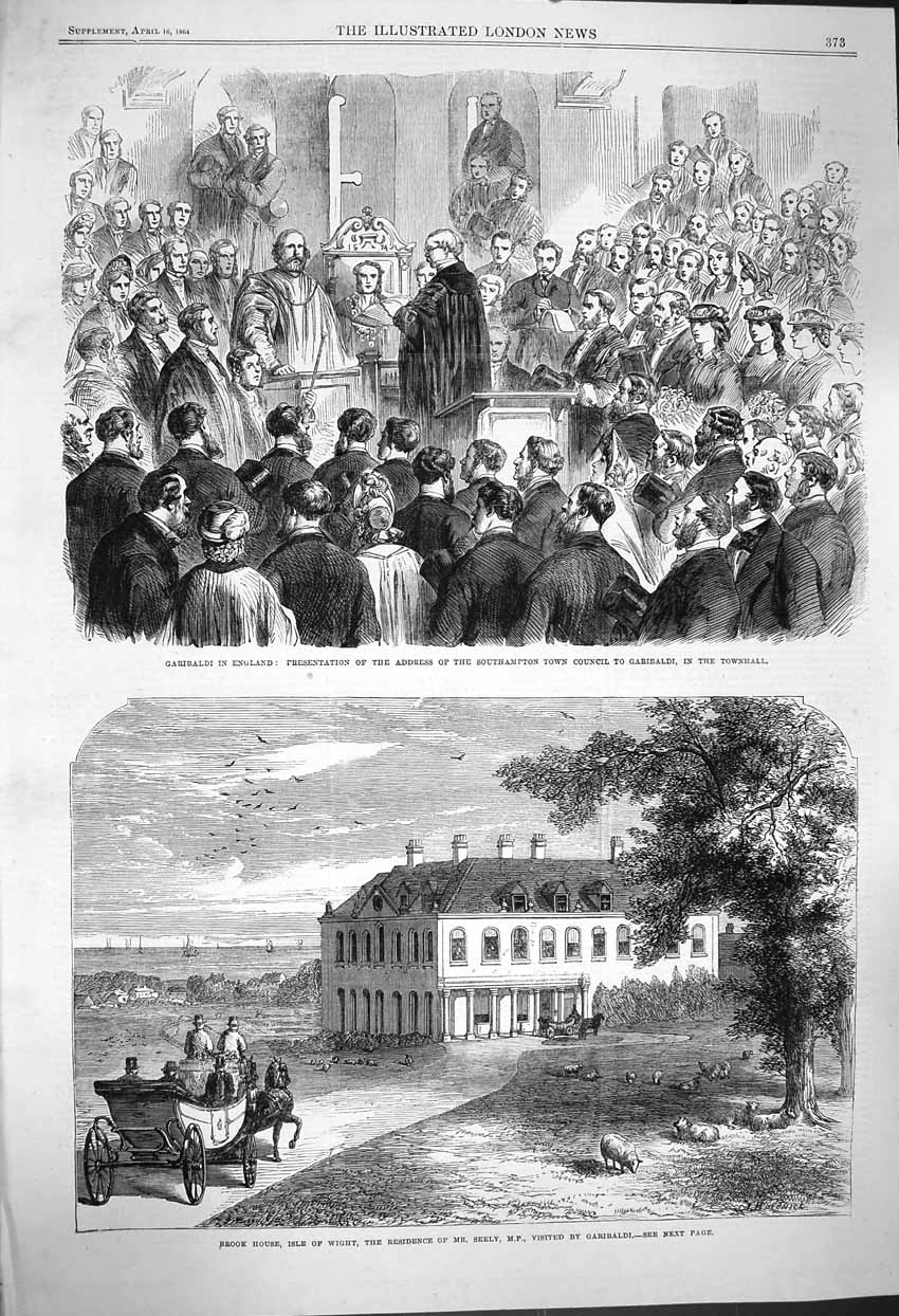 Original Old Antique Print 1864 Garibaldi England Southampton Brook Isle Wight