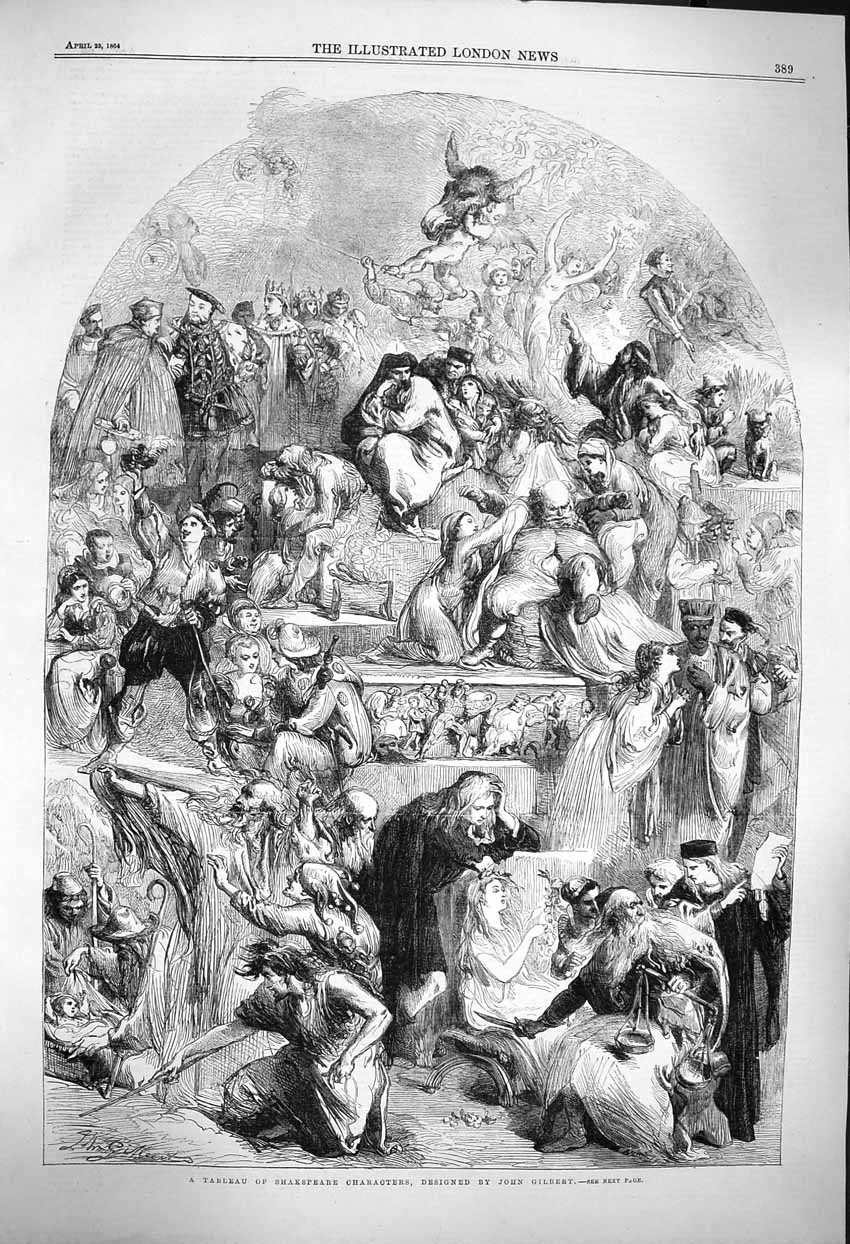 Original Old Antique Print 1864 Tableau Shakspeare Characters John Gilbert 19th