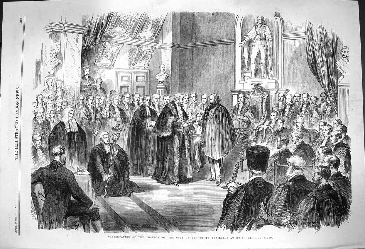 Original Old Antique Print 1864 Freedom City London Garibaldi Gu 19th