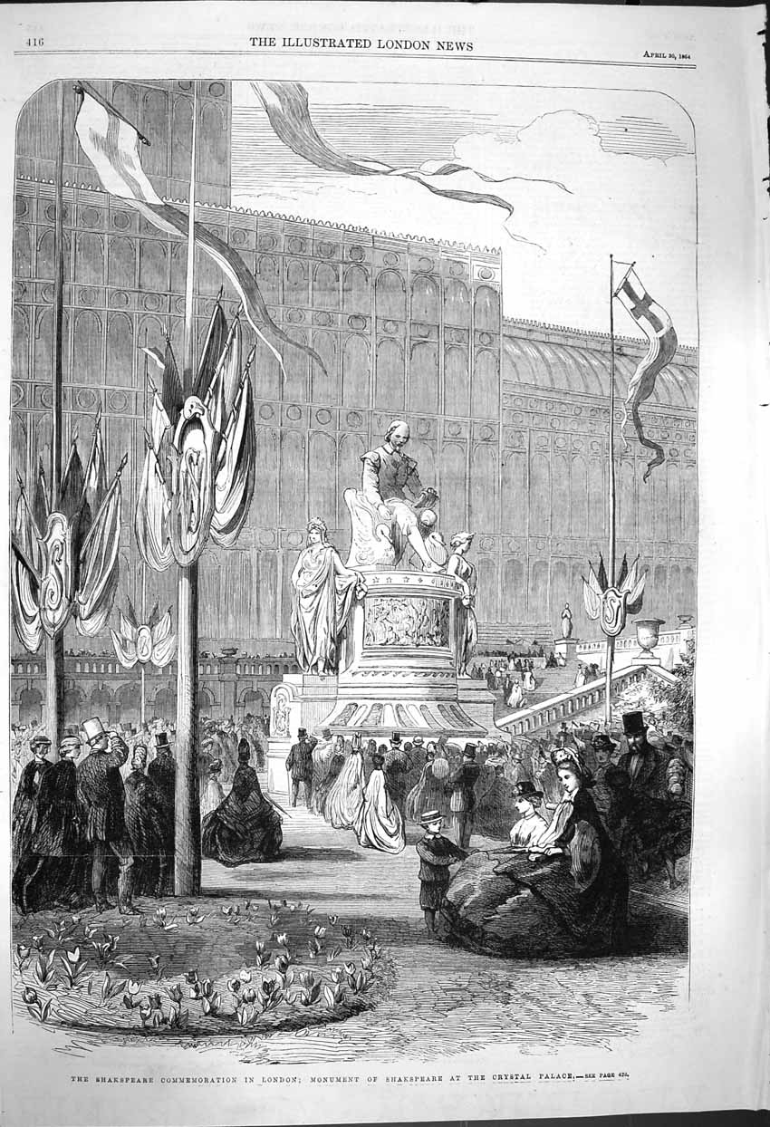 Original Old Antique Print 1864 Shakspeare London Monument Crystal Palace 19th