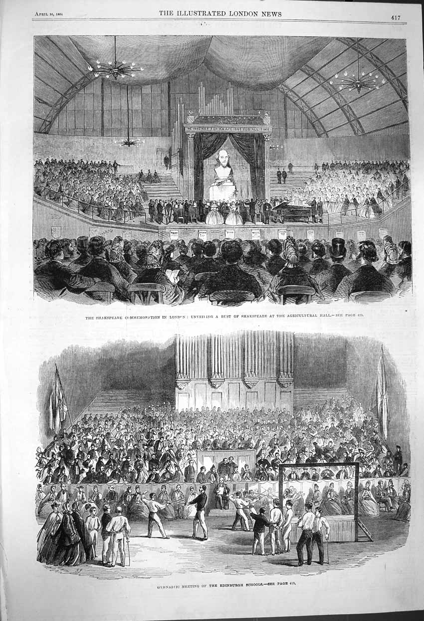 Old Antique Print 1864 Shakspeare Lonon Bust Gymnastic Edinburgh School 19th