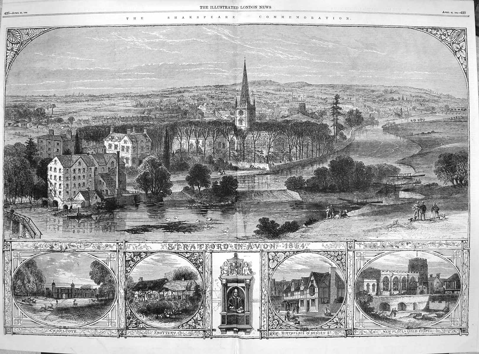 Old Antique Print 1864 Shakspeare Stratford-On-Avon Theatre Guild Chapel 19th