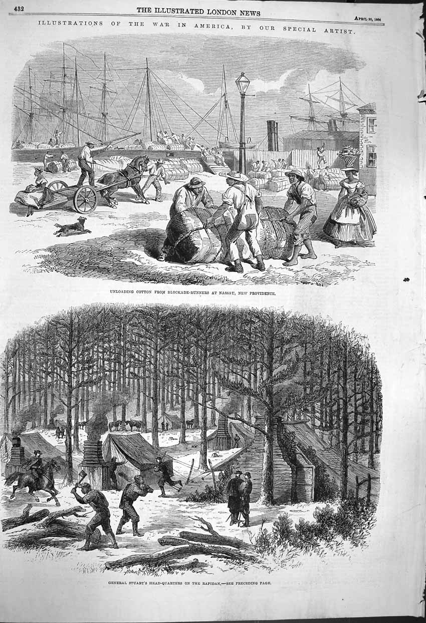 Old Antique Print 1864 War America Cotton Nassau General Stuart Rapidan 19th