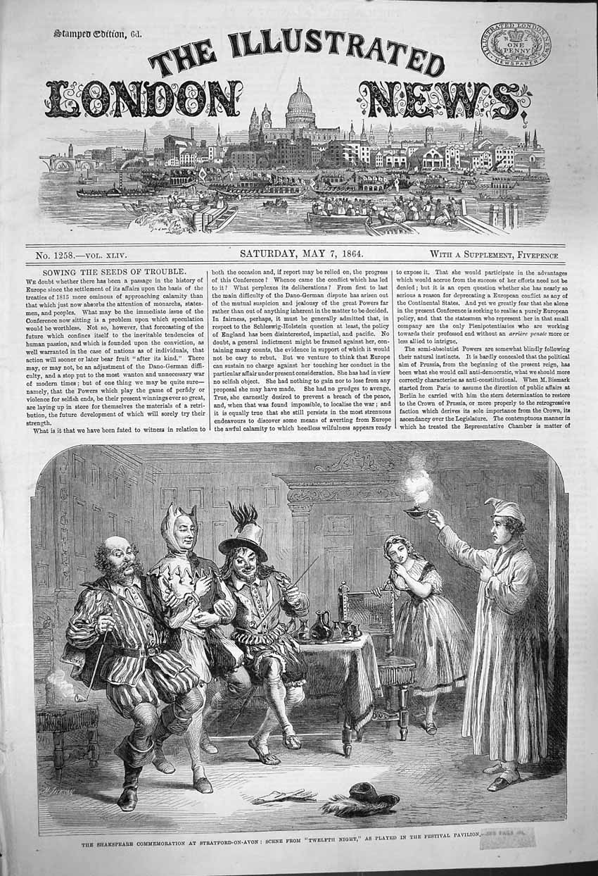 Old Antique Print 1864 Shakspear Twelfth Night Theatre Festival Pavilion 19th