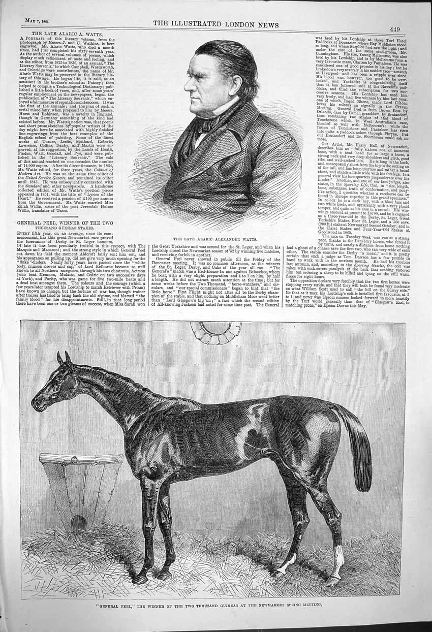 Original Old Antique Print 1864 Alaric Alexander Watts General Peel Horse Sport